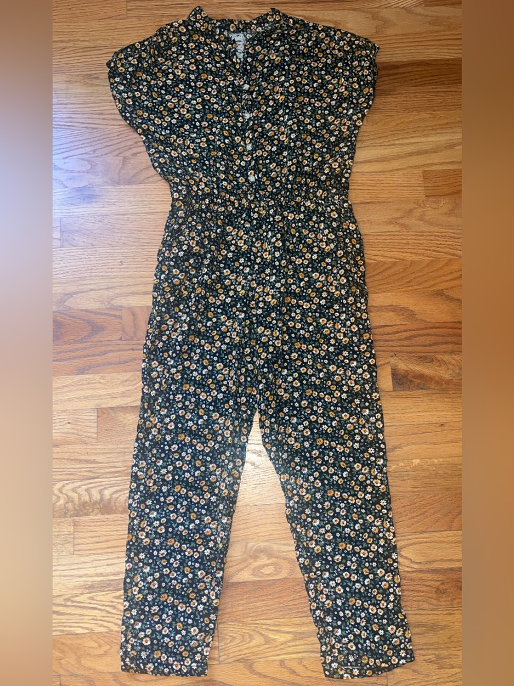wonder nation Black Floral Jumpsuit with Yellow & White Daisies
